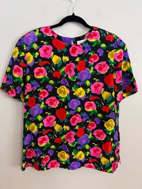 Diane von Furstenberg Silk Blouse XL Floral Neon Vtg 90s Bold Print Top Maximal